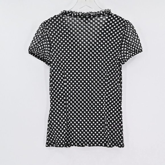 NEW INC Womens Polka Dot Mesh Ruffle V-Neck Top Black White Stretch Size Small - Picture 4 of 8